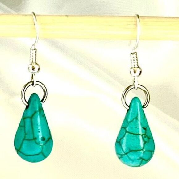 ATK Sterling 925 Silver & Turquoise Teardrop Dangles - Picture 2 of 7